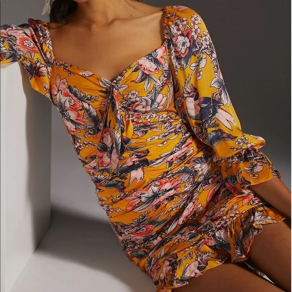 Anthropologie Ranna Gill Ruched Floral Long Sleeve Mini Dress Size XXS NWT - Picture 7 of 13